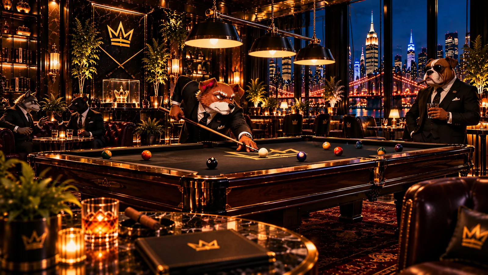 Trustline Terry at the Crown Club billiard table overlooking the Manhattan skyline at night